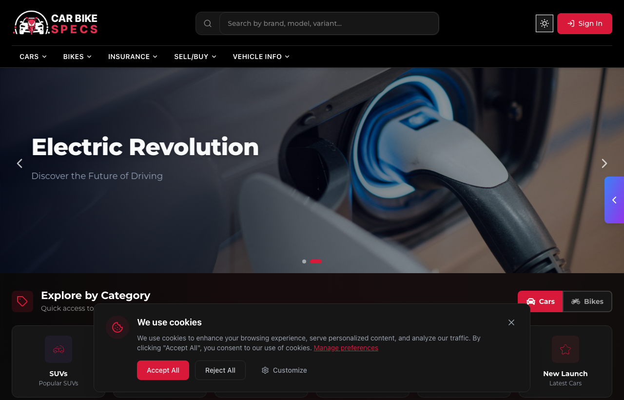 CarBikeSpecs — live product preview