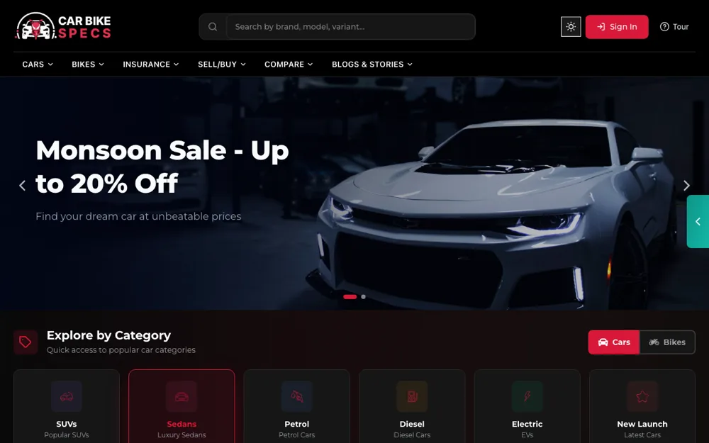 CarBikeSpecs — live product preview
